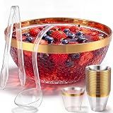 Yiyiring Large Plastic Punch Bowl with 25 Cups and Ladle Tong Gold Trim Clear Punch Bowl Set 1.4 Gallon Reusable Punchs Bowls for Wedding Birthday BBQ Baby Shower Holiday Party Supplies(Classic)