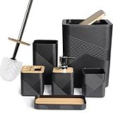 CERBIOR Bathroom Accessories Set 6 Piece Bamboo Bath Ensemble Includes Soap Dispenser, Toothbrush Holder, Toothbrush Cup, Soap Dish for Decorative Countertop and Housewarming Gift (Black)