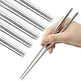 Stainless Steel Chopsticks 5 Pairs Reusable Multicolor Lightweight 304 Metal Chopsticks Square Lightweight Non-Slip Chop Sticks Dishwasher Safe Gift Set(Silver Hollow)