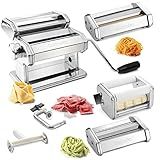 Pasta Maker Deluxe Holiday Set- Stainless Steel Machine w 3 Interchangeable Attachments- Make 5 Different Pastas- Spaghetti Fettuccini Angel Hair Noodle Ravioli Lasagnette- Durable Cutters, Xmas Gift