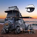 Adventurer Pro Rooftop Tent Hard Shell with USB Outlet, Side Awning, Replaceable Rain Fly&Luggage Racks for 4 Season Camping, Aluminum Pop Up 2-3 Person Roof Top Tent for Truck Jeep SUV Van Trailer