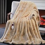 Guohaoi Heated Blanket Electric Throw, Soft Faux Rabbit Fur Electric Blanket with 10 Heating Levels 5 Sitting Timer Auto Off, Cozy Warm Heating Blankets, Machine Washable(50"×60" Beige)