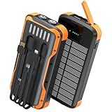SOXONO Solar Charger Power Bank, PD 20W Fast Charging External Batter, 40000mAh Portable Phone Charger Built in 4 Cables with Dual Bright Flashlights for Camping, Hiking, and Outdoor Use