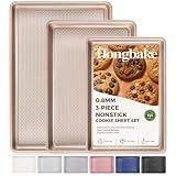 HONGBAKE Baking Sheet Pan Set of 3, Cookie Sheets for Oven, Nonstick Half/Quarter/Jelly Roll Pans with Diamond Texture Pattern, 0.8mm Thick Heavy Duty Cookie Tray, Champagne Gold