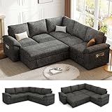 SUAWY 85 Inch Modular Sectional Sofa with Pull Out Bed,L Shaped 5 Seat Sectional Sleeper Sofa with Storage,Sectional Couches for Living Room,Cloud Modular Couch,Removable Sofa Cover, Dark Grey