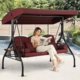 3 Seat Outdoor Porch Swing with Adjustable Canopy,2 in 1 Patio Swing Bed with Stand 800lbs for Adults,Outdoor Swing with Removable Cushion, Cup Holder ＆4 Pillow for Backyard, Porch, Garden