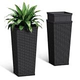 Acurax 24 Inch Tall Plastic Planters (Set of 2) with Drainage Holes, Black