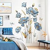 decalmile Large Blue Flower Wall Stickers Floral Butterfly Plants Gold Leaves Wall Decals Bedroom Living Room Sofa TV Background Wall Decor