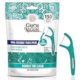 GuruNanda Dual Slickers Floss Picks - Double Threaded Dyneema Dental Floss with Foldable Toothpick for Effective Plaque Removal - Unflavored- 150 Ct