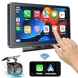 Portable Wireless with Apple CarPlay and Android Auto Screen for Car, 7" HD Touch Screen Car Stereo with Mirror Link, Bluetooth 5.2, Backup Camera, AUX,FM Transmitter for All Vehicle