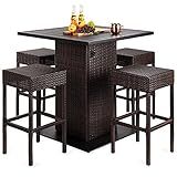 Best Choice Products 5-Piece Outdoor Wicker Bar Table Set for Patio, Poolside, Backyard w/Built-in Bottle Opener, Hidden Storage Shelf, Metal Tabletop, 4 Stools - Brown