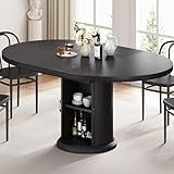 Jocoevol 47″–63″ Extendable Round Dining Table for 4–8 with Dust-Proof 2-Tier Storage Shelf Space Saving Expandable Wood Oval Circle Dinner Furniture with Pedestal Base (Black)