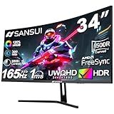SANSUI 34-Inch Curved Gaming Monitor UWQHD 3440 x 1440 165Hz Curved 1500R - PIP/PBP, 1ms(MPRT), HDR, 300nits, sRGB 125%, DCI-P3 95%,FreeSync,HDMI x2,DP1.4 x2 (ES-G34C5 DP Cable Included)