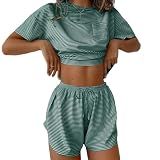 Ekouaer Women Pajama Set Sexy Lounge Sets Split Short Pjs Green Stripes M