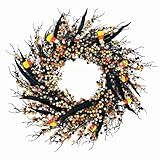 18 Inch Halloween Wreath for Front Door - Orange Black Wreath with Berries Candy & Black Leaves, Spooky Halloween Decor for Indoor Outdoor Fireplace Porch Window Party