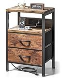 Lazzanto NightStand Bedside Charging Table Bedroom - Brown Night Stand with Charger Station, Modern Bed Side End Table with Open Shelf & 2 Fabric Drawers, USB-C Port for Dorm, Living Room