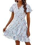 Naggoo Dresses for Women Summer Floral Dress V Neck Wrap Dress Sky Blue M