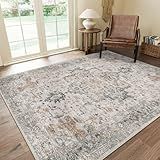 GENIMO 8x10 Area Rugs for Living Room, Machine Washable Non Slip Vintage Rugs, Low Pile Lightweight Chenille Print Rug for Bedroom, Dining Room, Home Office, Light Taupe Brown