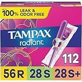 Tampax Radiant Tampons Multipack, with LeakGuard Braid, Regular/Super/Super Plus Absorbency, Unscented, 112 Count (4 Packs of 28)