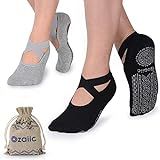 Ozaiic Pilates Socks for Women Non Slip Grip, Yoga Socks with Grippers for Barre, Hospital, Ballet, Dance, Barefoot Workout (2 Pairs- Black/Gray, one_size)