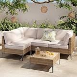 SunloungeCo 5-Piece Patio Furniture Set, Outdoor Wicker Sectional Sofa with Coffee Table, Anti-Slip & Thick All-Weather Cushions for Sunroom,Garden,Backyard, Beige