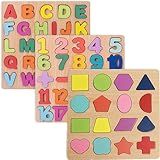 Wooden Puzzles for Toddlers, 3pack Alphabet Shape Puzzles for Kids 3 Wooden Montessori Toddler Alphabet Number Shape for Kids 3 Years Old Boys & Girls