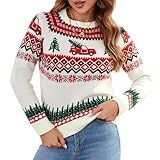 ZAFUL Women's Christmas Cedar Snowflake Trucks Patterns Knitted Sweater Long Sleeve Floral Printed Pullover Tops