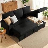 JAMFLY 77" Pull Out Sleeper Sofa Bed with Storage Chaise, L-Shaped Corduroy Sectional Couch, 3-Seater Convertible Sofa Bed for Small Space, Apartment & Guest Room, Pet-Friendly & Easy Assembly, Black