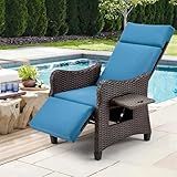 HOMREST Outdoor Recliner Chair with Flip-up Table, Wicker Reclining Chair with 150° Adjustable Backrest, Rattan Armchair with Integrated Footstool & Removable Cushion for Gardens, Navy Blue