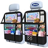 Oneyus Car Backseat Organizer with Table Tray(2-Pack) 9 Storage Pockets Backseat Car Organizer and storage with Tablet Holder, Kick Mats Back Seat Cover for Kids family Road Trip Essentials Travel