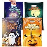 50 Pcs Halloween Goodie Bags with Handles - Happy Halloween Treat Bags, Trick or Treat Gift Bag Bulk, Plastic Helloween Tote Candy Goody Favor Bags for Kids Helloween Party Decorations Favors Supplies