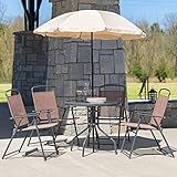 EMMA + OLIVER 6 Piece Brown Patio Garden Set with Umbrella Table and Set of 4 Folding Chairs