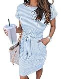 MEROKEETY Women's Summer Striped Short Sleeve T Shirt Dress Casual Tie Waist Midi Dress, Blue, M