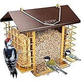 iBorn Bird Feeders for Outdoors,Bird Feeder with Double Suet Holders,Suet Feeder for Outside,Weatherproof Metal Roof,Easy to Refill&Clean,3.2 LBs Seed Capacity+2X Cake,1 Pack,Coffee Roof & Yellow Grid