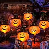 6 Pack Solar Jack O Lantern Stake String Lights - Orange Halloween Pathway Decor for Outdoor Halloween Yard Display