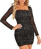 SHEJIZE Women's Mesh Sequin Bodycon Mini Dress Square Collar Sheer Long Sleeve Ruched Sparkly Dress Summer Dresses (US, Alpha, Small, Regular, Regular, Black)