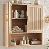 INNOD Bathroom Wall Storage Cabinet, Medicine Cabinet with Adjustable Wood Shelf & Doors, Over The Toilet Storage Cabinet for Laundry Room & Kitchen & Living Room (Natural Oak)