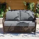Tribesigns Outdoor Wicker Loveseat with 5.5'' Thick Cushions, 2-Seater Patio Sofa with 26.8'' Deep Seat, All-Weather Patio Wicker Loveseat for Porch, Deck, Backyard, Poolside, Gray/Brown