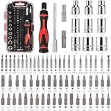 Amazon Basics Magnetic Ratcheting Wrench and Electronics Precision Screwdriver Tool Set, 73-Piece, with Carry Case for Household Repair, Small Jobs, Eyeglasses, Black/Red/Silver