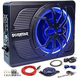 10" Upgrade 800W Slim Under Seat Powered Car Subwoofer, Car/Truck Audio Sub Built in Amplifier amp Combo Package, with Blue LED Light (Subwoofer+Installation Wire Kit)