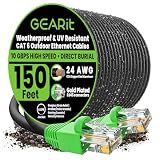 GEARit Cat6 Ethernet Cable 150ft, Outdoor Direct Burial Cat 6 Cable 24AWG High Speed Up to 10Gbps, LLDPE (PE) UV-Resistant Waterproof Jacket, CCA RJ45 Network Internet Cable for Router- Black