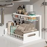 REALINN Under Sink Organizer, Pull Out Cabinet Organizer 2 Tier Slide Out Sink Shelf Cabinet Storage Shelves, Under Sink Storage for Kitchen Bathroom Cabinet, White, 1 Pack