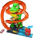 Hot Wheels Toy Car Track Set, City T-Rex Blaze Battle Playset & 1:64 Scale Die-Cast Vehicle, 18” Tall, Multiple Race Outcomes, Spinning Dinosaur Eyes