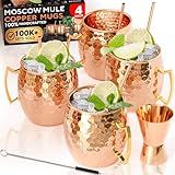 Benicci Moscow Mule Copper Mugs - Set of 4-100% HANDCRAFTED - Food Safe Pure Solid Copper Mugs - 16 oz Christmas Gift Set with Premium Quality Cocktail Straws and Jigger!