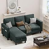 JAMFLY Convertible Sectional Couches for Living Room, L-Shaped Couch 3 Seat Sectional Sofa Set with Polyester Fabric and Movable Ottoman Small Couch for Apartments, Office, Dark Green