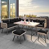 YITAHOME Patio Wicker L-Shaped Furniture Set, All-Weather Rattan Outdoor Conversation Sofa Set for Backyard Deck with Soft Cushions,Ottomans and Plastic Wood Dining Table (Light Brown+Black)