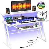 Armocity Music Studio Desk Production Workstation - Recording Studio Desk for Producer with Power Outlet & RGB LED Lights, Studio Workstation for Music Recording, Home Studio Table Desks, White
