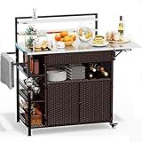 JFHID 60'' Outdoor Grill Cart with Storage, Patio Kitchen Island on Wheels&Spice Rack, Wicker Outdoor Grill Cart with Extended Stainless Steel Table Top Outdoor for Home Party Outside BBQ Bar