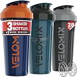 VELOMIX -3 PACK- 28 oz Protein Shaker Bottle for Protein Mixes - 3x Wire Whisk | Leak Proof Shaker Cups for Protein Shakes | Stackable Protein Shaker Bottle Pack | Dishwasher Safe (ColorBurst Set)