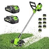21V Weed Wacker Cordless & Lawn Edger, 9000RPM Electric Weed Eater with 2x2.0Ah Battery, 12" Auto Line Feed String Trimmer with 8 Pcs Spools, Lightweight Edger Lawn Tool for Yard, Green